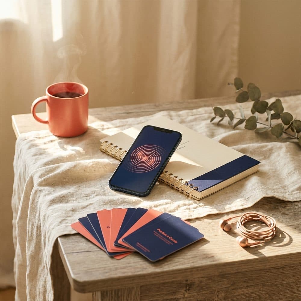 The Unspiral Reset Kit — workbook, reset cards, and the lock-screen card on a phone