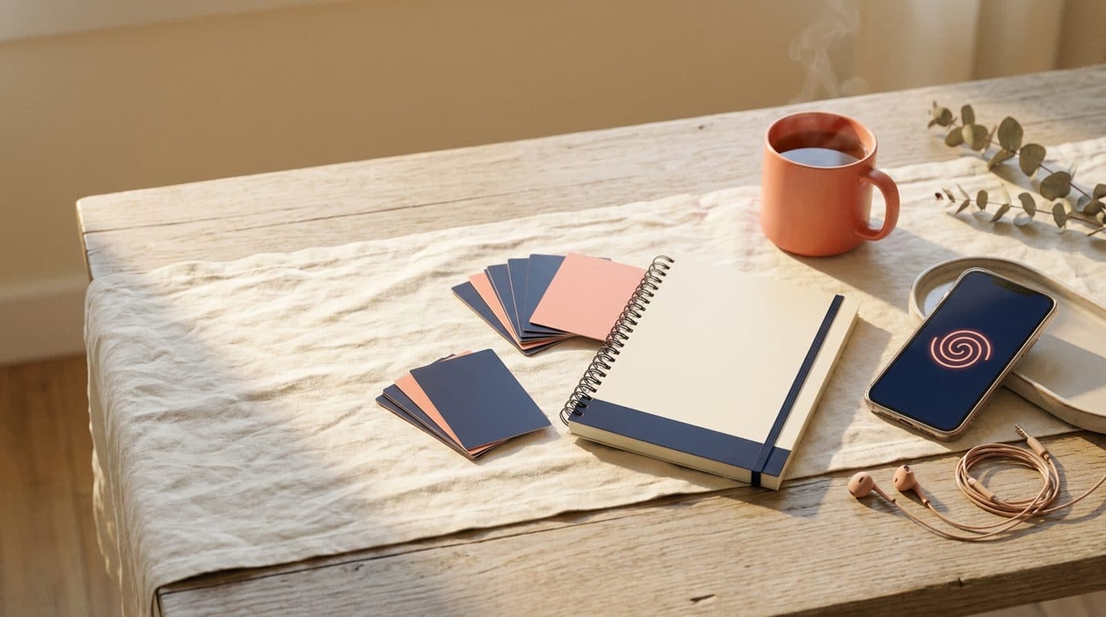 The Unspiral Reset Kit spread on a desk — workbook, cards, phone and audio